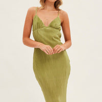 Green Slip Dress Midi Plisse Satin