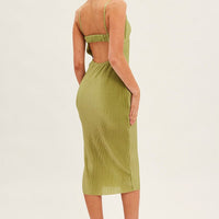 Green Slip Dress Midi Plisse Satin