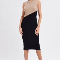 Black Midi Dress Round Neck Colour Blocked Knit