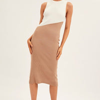 Beige Midi Dress Round Neck Colour Blocked Knit
