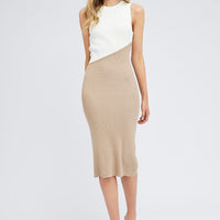 Beige Midi Dress Round Neck Colour Blocked Knit
