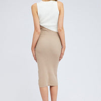 Beige Midi Dress Round Neck Colour Blocked Knit