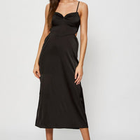 Black Midi Dress Cowl Neck Satin