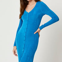Blue Button Front Slinky Midi Dress