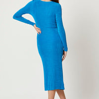 Blue Button Front Slinky Midi Dress
