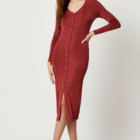 Brown Button Front Slinky Midi Dress