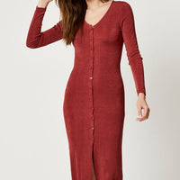 Brown Button Front Slinky Midi Dress