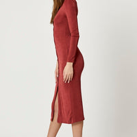 Brown Button Front Slinky Midi Dress