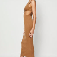 Brown Midi Dress Ribbed Cut Out