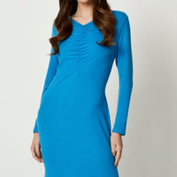 Blue Gathered Front Midi Dress