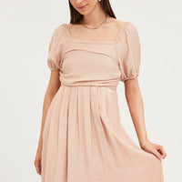 Beige Midi Dress Evening Square Neck