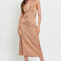 Brown Midi Dress Satin