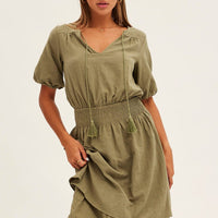 Green Midi Dress Short Sleeve V Neck