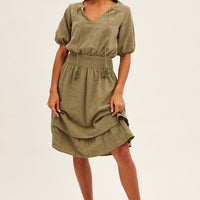 Green Midi Dress Short Sleeve V Neck
