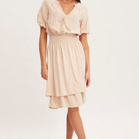 Beige Midi Dress Short Sleeve V Neck