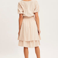 Beige Midi Dress Short Sleeve V Neck