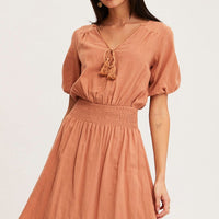 Orange Midi Dress Short Sleeve V Neck