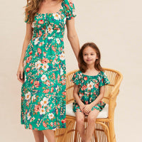 Green Floral Kids Short Sleeve Midi Dress