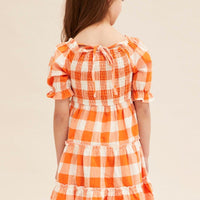Orange Check Kids Midi Dress Short Sleeve Square Neck