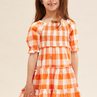 Orange Check Kids Midi Dress Short Sleeve Square Neck