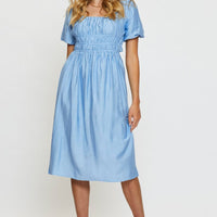 Blue Midi Dress Short Sleeve Square Neck