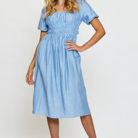 Blue Midi Dress Short Sleeve Square Neck