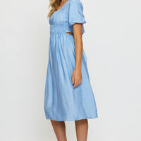 Blue Midi Dress Short Sleeve Square Neck