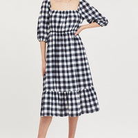 Check Midi Dress Puff Sleeve