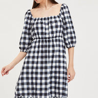 Check Midi Dress Puff Sleeve