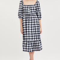 Check Midi Dress Puff Sleeve