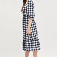 Check Midi Dress Puff Sleeve