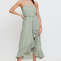 Geo Print Midi Dress Sleeveless Ruffle Hem