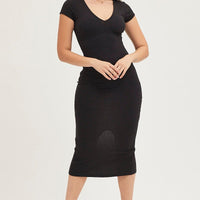 Black Jersey Dress Short Sleeve Midi Ribbed