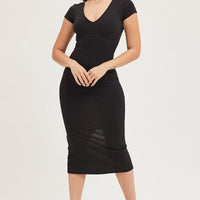 Black Jersey Dress Short Sleeve Midi Ribbed