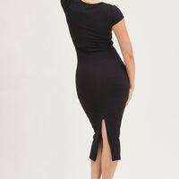 Black Jersey Dress Short Sleeve Midi Ribbed