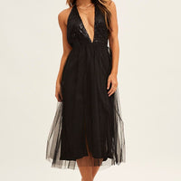 Black Midi Dress Backless V Neck Lace