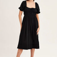 Black Short Sleeve Ruched Midi Dress