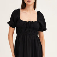 Black Short Sleeve Ruched Midi Dress