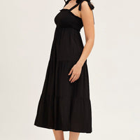 Black Tied Shoulder Tiered Midi Dress