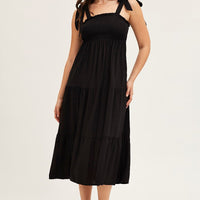 Black Tied Shoulder Tiered Midi Dress