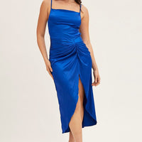 Blue Cowl Neck Party Midi Dress