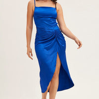 Blue Cowl Neck Party Midi Dress