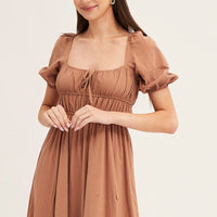 Brown Short Sleeve Ruched Midi Dress