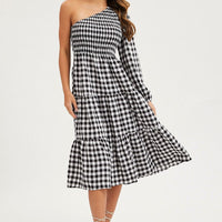 Check Dress One Shoulder Midi