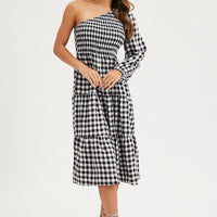 Check Dress One Shoulder Midi