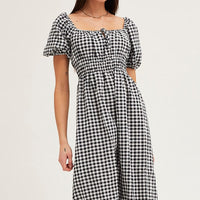 Check Dress Short Sleeve Midi Square Neck