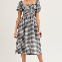 Check Dress Short Sleeve Midi Square Neck