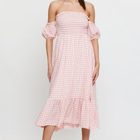 Check Midi Dress Off Shoulder Short Sleeve