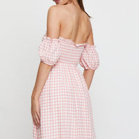 Check Midi Dress Off Shoulder Short Sleeve