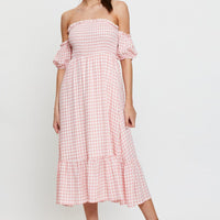 Check Midi Dress Off Shoulder Short Sleeve